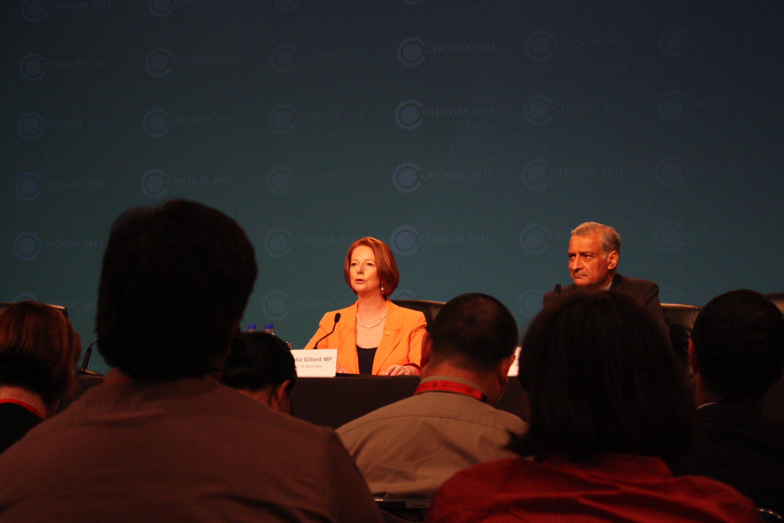 Australian Prime Minister Julia Gillard and Commonwealth Secretary General Kamalesh Sharma speak to reporters at CHOGM 2011